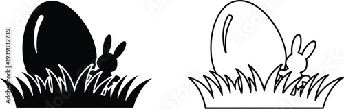Easter bunny egg hatching black white isolated on transparent background, Vector