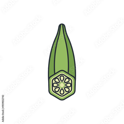 A stylized green okra pod illustration, cut at the bottom to reveal its characteristic star-shaped arrangement of white seeds. Isolated vector art.