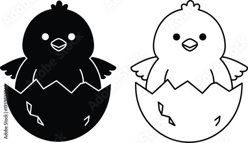 Black and white chicks hatching from eggs isolated on transparent background, Vector