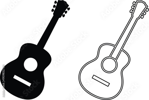 Guitar silhouette and line art illustration isolated on transparent background, Vector
