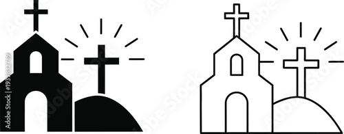 Church cross silhouette and line art, christianity symbol isolated on transparent background, Vector