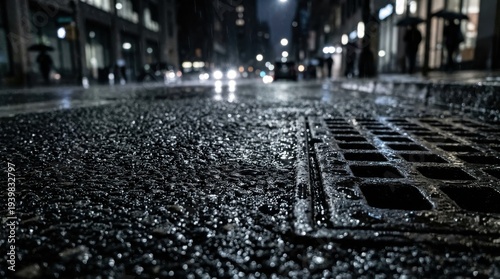 Rainy night city street with wet cobblestone road and metal grid