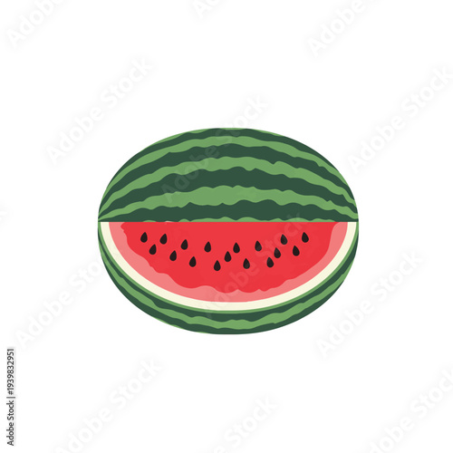 A flat illustration of a whole watermelon cut in half horizontally, revealing its vibrant red flesh with black seeds, white rind, and green striped outer skin, on a white background.