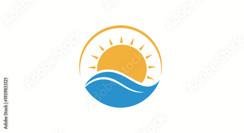 Stylized illustration of a serene sunrise over the ocean waves.