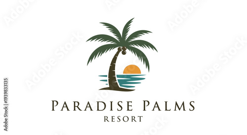 Paradise Palms Resort logo with palm tree and sunset.