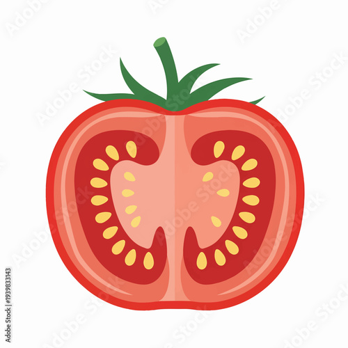 A vibrant flat illustration of a red tomato, cut in half to show its pink flesh, yellow seeds, and green stem, set against a white background.