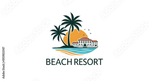 Beach Resort Logo Design with Palm Trees and Hotel Building.