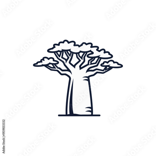A simple black outline drawing of a baobab tree with its distinctive thick trunk and sparse branches, set against a plain white background.
