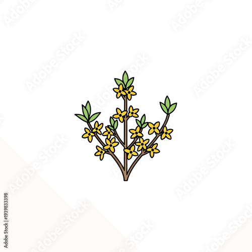 A minimalist vector illustration of a flowering plant featuring bright yellow blooms and green leaves on brown stems, depicted against a clean white background.