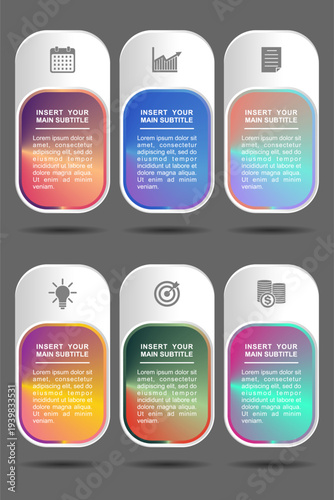 Modern business infographic template for presentation with six steps options and icons in vector illustration style featuring colorful gradient backgrounds for professional report data visualization.