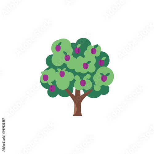 A stylized, flat illustration of a plum tree laden with ripe purple plums against a white background.