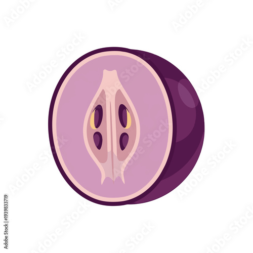 A vibrant purple mangosteen fruit, sliced in half, showcasing its light purple internal arils and four dark seeds. Flat vector illustration on a white background.