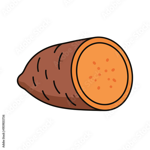A cartoon illustration of a sweet potato, partially cut to reveal its orange interior flesh and brown skin, isolated on a white background.