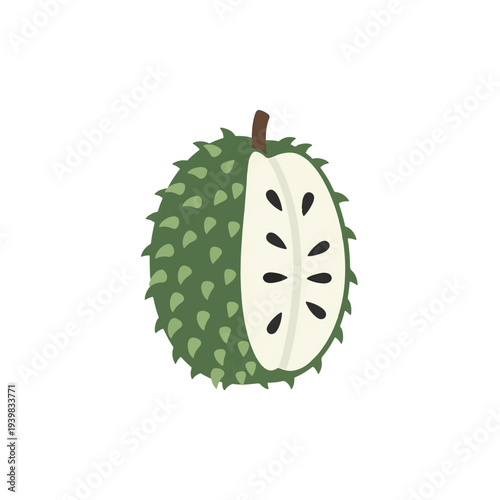 An illustration of a green, spiky soursop fruit, cut in half to show its white flesh and black seeds.