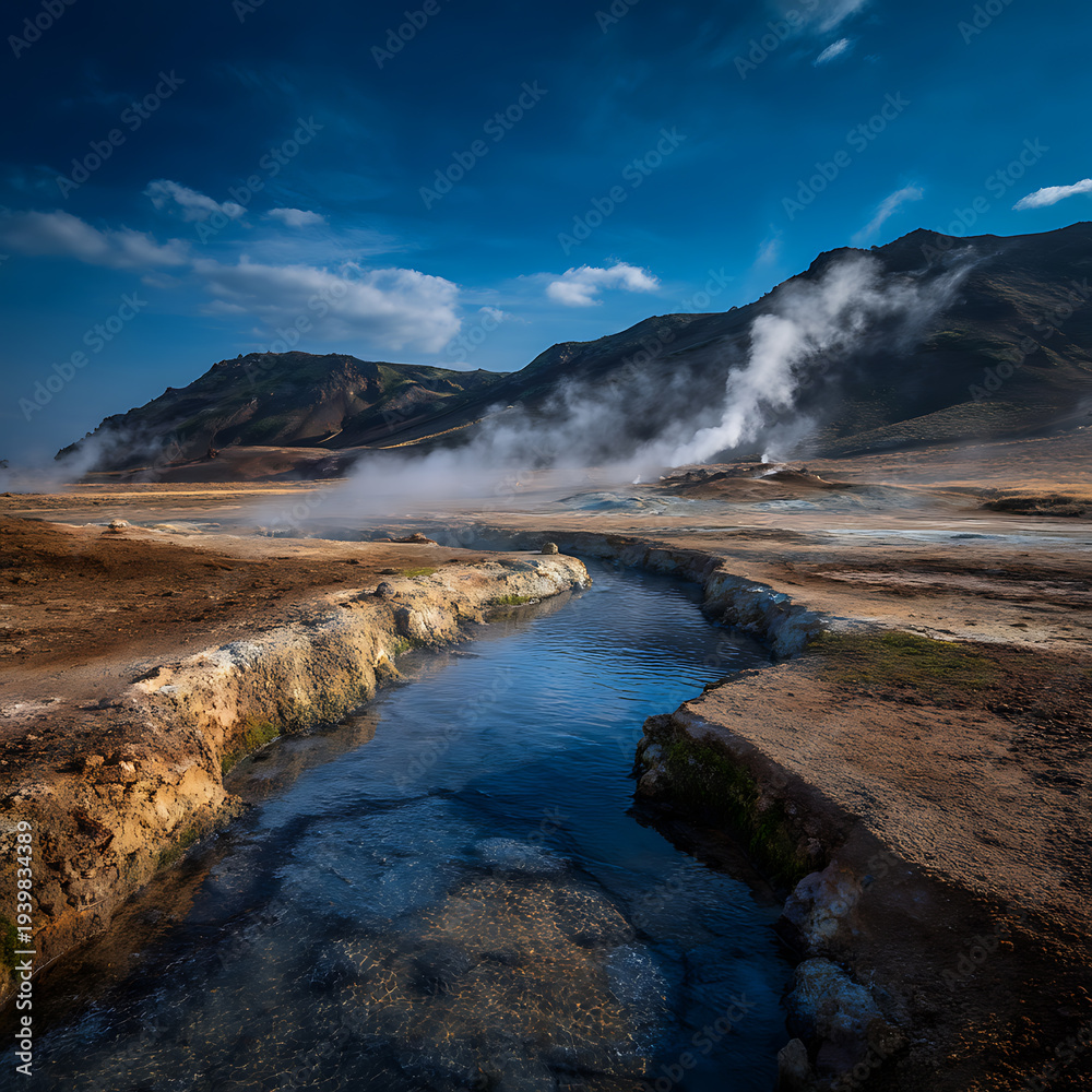 Fototapeta premium A geothermal valley with streams of steam rising from cracks in the ground