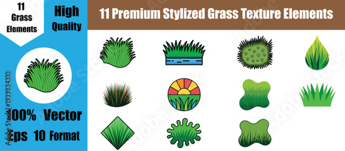 11 Premium Stylized Grass Texture Elements and Organic Nature Shapes Bundle.