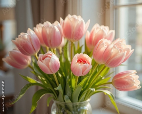 soft pink tulip flowers arranged in a clear glass vase with fresh green leaves, illuminated by natural morning sunlight near a window. 