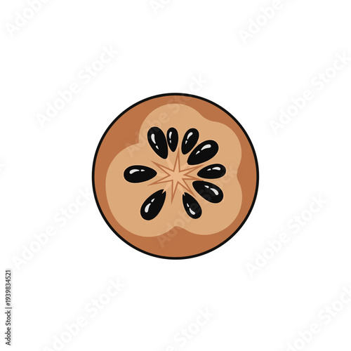 A cartoon-style illustration of a cross-section of a fruit, showing brown flesh and black seeds arranged in a radial pattern.