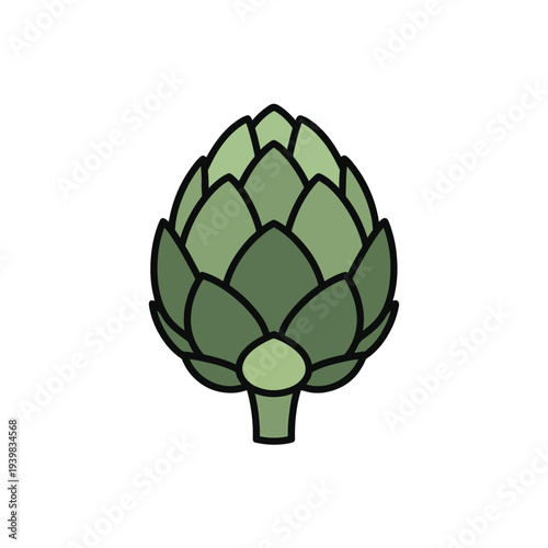 A stylized, flat illustration of an artichoke with green petals and a light green stem, set against a white background.