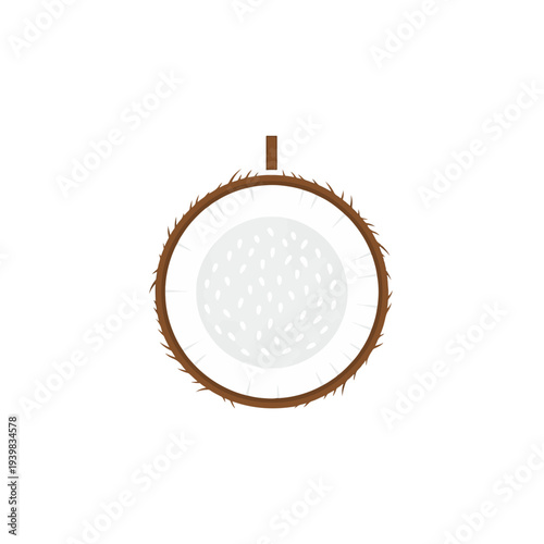 A top-down view of a halved coconut, revealing its white flesh with seed-like patterns.