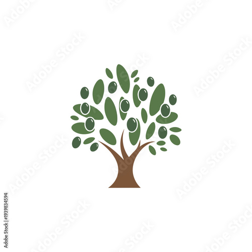 A stylized illustration of an olive tree, featuring a brown trunk and branches supporting a canopy of green leaves and dark olives.