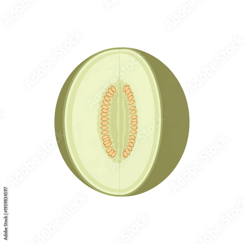 A cross-section of a light green melon reveals pale green flesh and a cavity filled with small, oval, orange seeds.