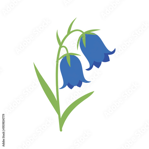 A simple, stylized illustration of two blue bell-shaped flowers with green stems and leaves against a white background.