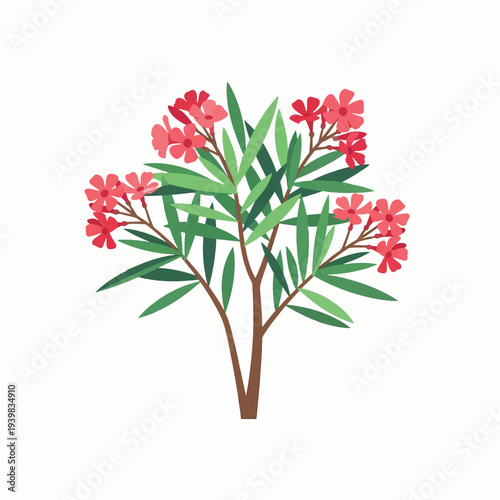 A stylized illustration of a flowering shrub with pink blossoms and green leaves against a white background.