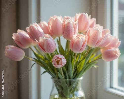 soft pink tulip flowers arranged in a clear glass vase with fresh green leaves, illuminated by natural morning sunlight near a window. 