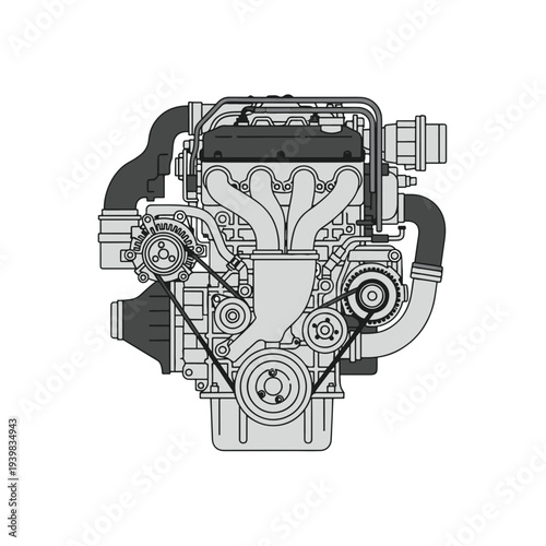A detailed line art illustration of a car engine with visible components like the intake manifold, belts, and pulleys.