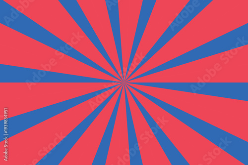 A vibrant red and blue sunburst pattern radiates from the center creating an energetic visual