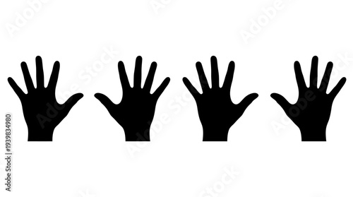 Four black silhouetted hands with different gestures against a white background.