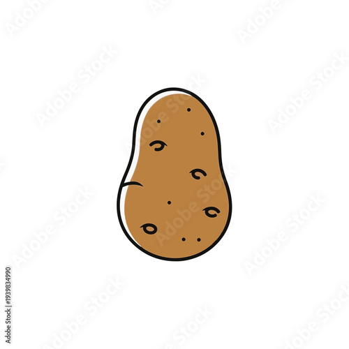 A stylized illustration of a single, brown potato with black eyes on a white background. The outline is a dark brown line.