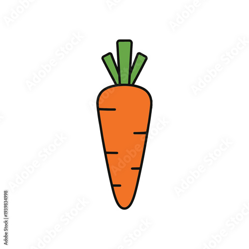 A simple, cartoon-style illustration of an orange carrot with green leafy tops, isolated on a white background.