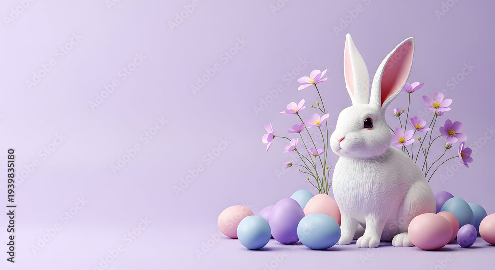 Obraz premium Easter bunny surrounded by colorful eggs and flowers on easter sunday morning