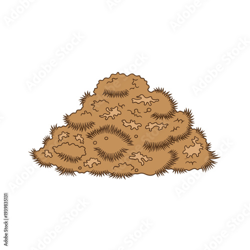 A pile of brown, fluffy, and textured material, possibly hay or dried grass, with visible strands and irregular clumps.