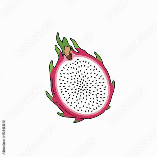 A stylized, vibrant illustration of a sliced dragon fruit against a plain white background, showcasing its white flesh and black seeds.