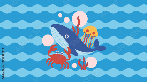 Whale crab jellyfish ocean illustration