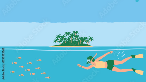 Woman Snorkeling Tropical Island Vacation Illustration