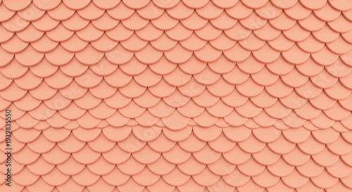 Close-up of overlapping fish scale pattern tiles in soft orange terracotta color, architectural detail, textured background