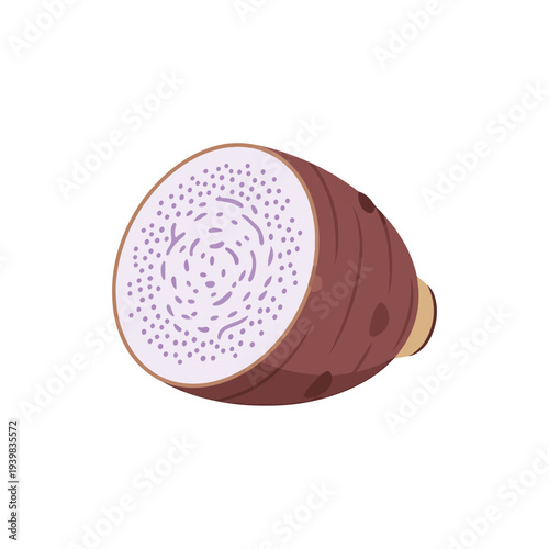 A cartoon illustration of a half taro root, showcasing its distinctive purple speckled interior and brown skin, set against a white background.