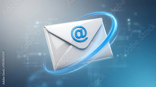 White envelope with blue at symbol on a blue background.