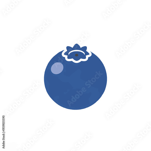 A stylized, flat illustration of a single, plump blueberry with a small highlight and a star-like crown on a white background.