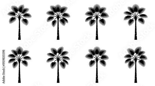 Six black and white palm trees arranged in two rows on a white background.