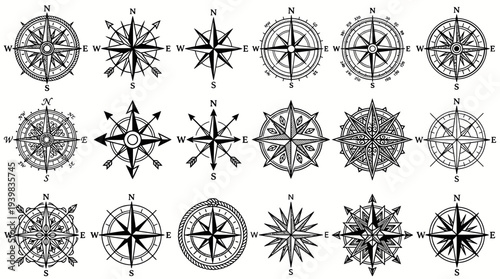 Collection of various black and white compass rose designs and navigation symbols.