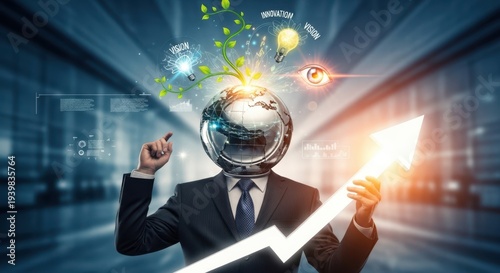 Surreal Corporate Leadership Concept Featuring Businessman With Globe Head Symbolizing Global Strategy, Visionary Growth, Executive Decision Making and Innovation Mindset