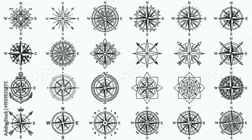 Collection of Vintage Style Navigation Compass Rose Designs.