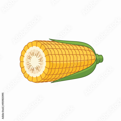 A vibrant cartoon illustration of a partially husked ear of corn, featuring bright yellow kernels and green leaves, with one end cut open.