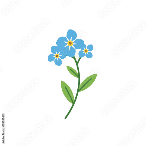 Stylized illustration of blue forget-me-not flowers with yellow centers and green leaves on a stem, isolated on a white background.