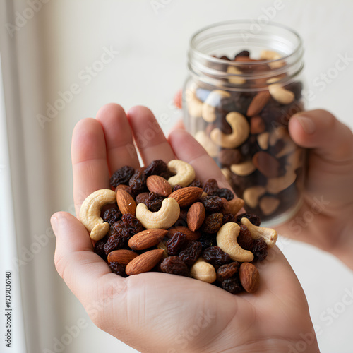 Wallpaper Mural Hands Cupped Together Overflowing with Assorted Mixed Nuts Cashews Almonds Raisins and Dried Berries for Healthy Eating and Snacking Concept Torontodigital.ca